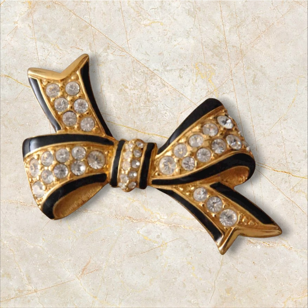 Swarovski Black Enamel Gold Tone Crystal Bow Brooch 1301 - Picture 3 of 4